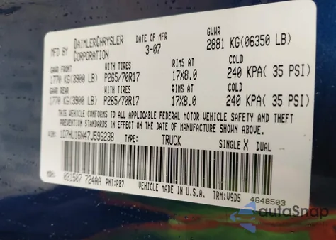 2007 Dodge Ram 1500 Slt/Trx4 Off Road/Sport z USA, uszkodzony, nr VIN 1D7HU16N47J596238